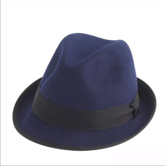 J Crew Navy Wool Fedora Hat Grosgrain Ribbon S/M - Picture 1 of 7